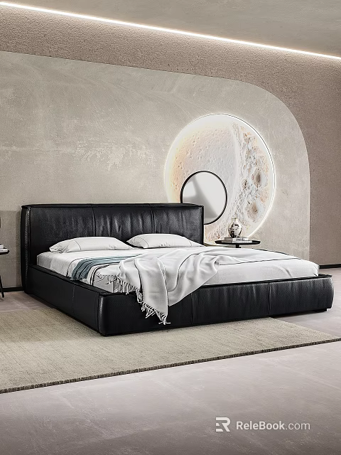Modern Double Bed With Black Leather Headboard White Bedding And Moon Pattern Wall Decor 3d model 
