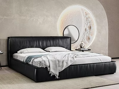 Modern Double Bed With Black Leather Headboard White Bedding And Moon Pattern Wall Decor 3d model