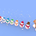 Colorful Snowmen With Scarves Hats On Blue Background And Falling Snowflakes Near Toy Shop Sign