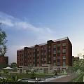 Modern Multi Story Residential Building With Red Brick Facade And Surrounding Greenery