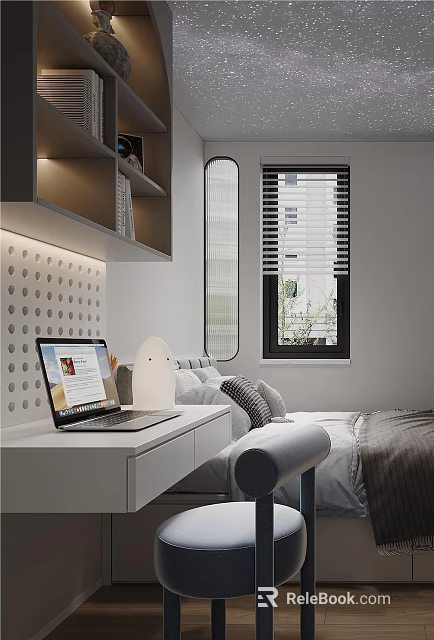 Modern Japanese Tatami Bedroom Interior With Desk Storage And Natural Lighting 3d model 