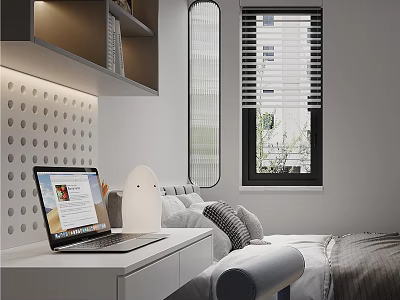 Modern Japanese Tatami Bedroom Interior With Desk Storage And Natural Lighting 3d model