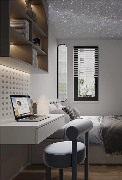 Modern Japanese Tatami Bedroom Interior With Desk Storage And Natural Lighting 3d model