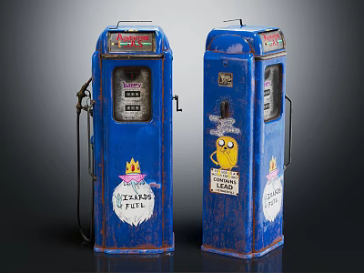 Vintage Blue Gas Pumps With Stickers Cartoon Designs And Text Labels 3d model