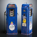 Vintage Blue Gas Pumps With Stickers Cartoon Designs And Text Labels