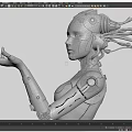Futuristic Game and Movie Cybernetic Female Robot Character with Mechanical Arm and Cable Hair