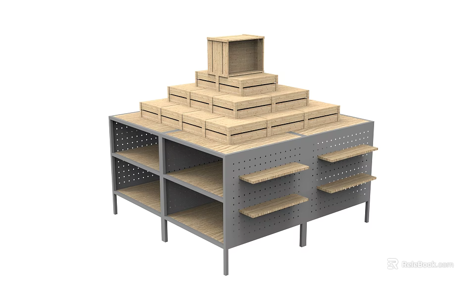 Multi Tiered Display Shelving With Wooden Crates And Perforated Metal Shelves 3d model 