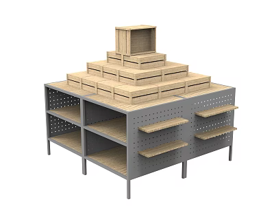 Multi Tiered Display Shelving With Wooden Crates And Perforated Metal Shelves 3d model