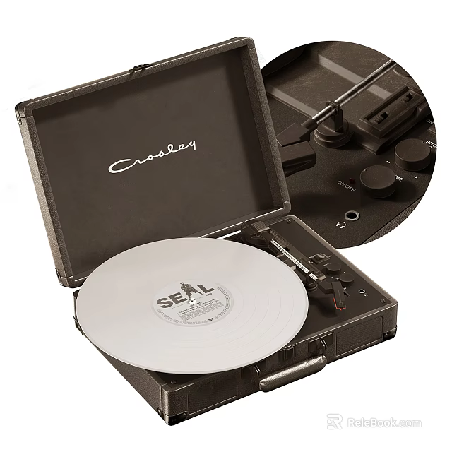 Crosley Turntable In Portable Case With White SEAL Vinyl Record And Speaker 3d model 