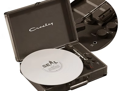 Crosley Turntable In Portable Case With White SEAL Vinyl Record And Speaker 3d model