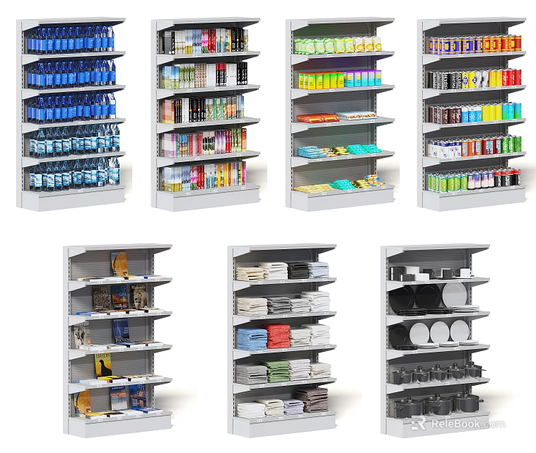 Display Shelves for Retail Store with Bottled Goods Boxed Items Towels and Dishes 3d model 