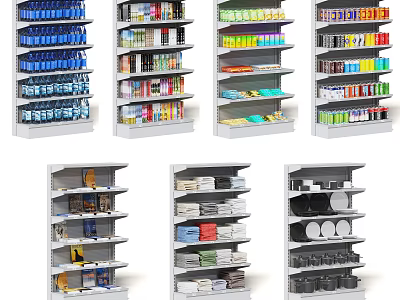 Display Shelves for Retail Store with Bottled Goods Boxed Items Towels and Dishes 3d model