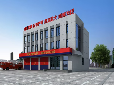 Modern Fire Rescue Office Building With Red And Blue Accents And Fire Truck Nearby 3d model