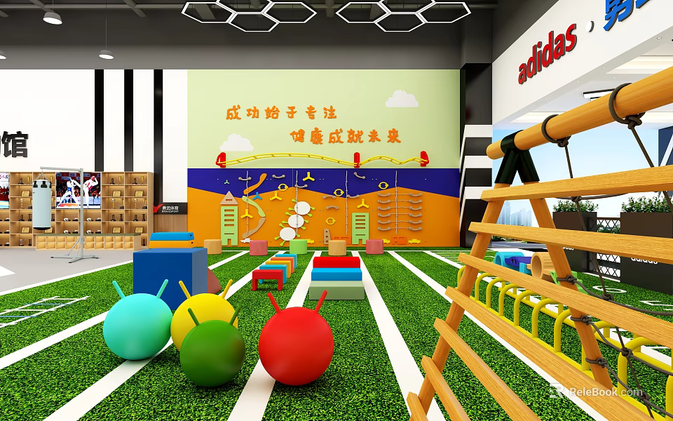 Sports Equipment for Children's Playground with Green Lawn Colorful Balls and Wooden Climbing Frame 3d model 