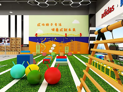Sports Equipment for Children's Playground with Green Lawn Colorful Balls and Wooden Climbing Frame 3d model