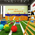 Sports Equipment for Children's Playground with Green Lawn Colorful Balls and Wooden Climbing Frame