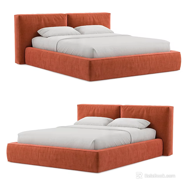 Modern Double Bed With Upholstered Headboard Orange Frame And White Mattress 3d model