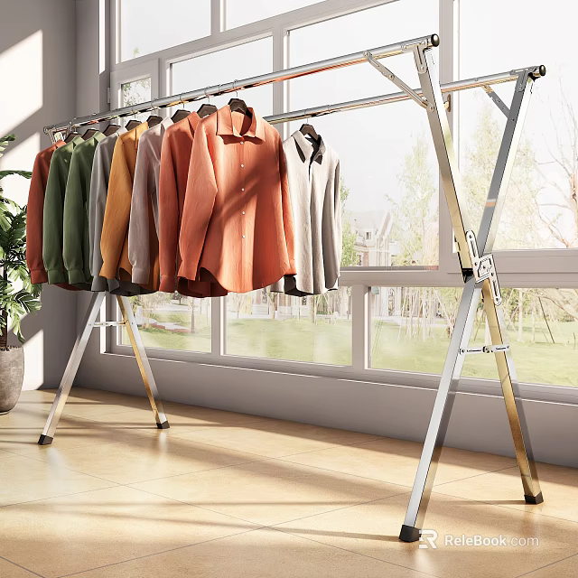 Stable Metal Clothes Rack with Hanging Colorful Garments by Window in Sunlit Room 3d model 