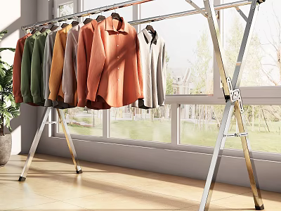 Stable Metal Clothes Rack with Hanging Colorful Garments by Window in Sunlit Room 3d model