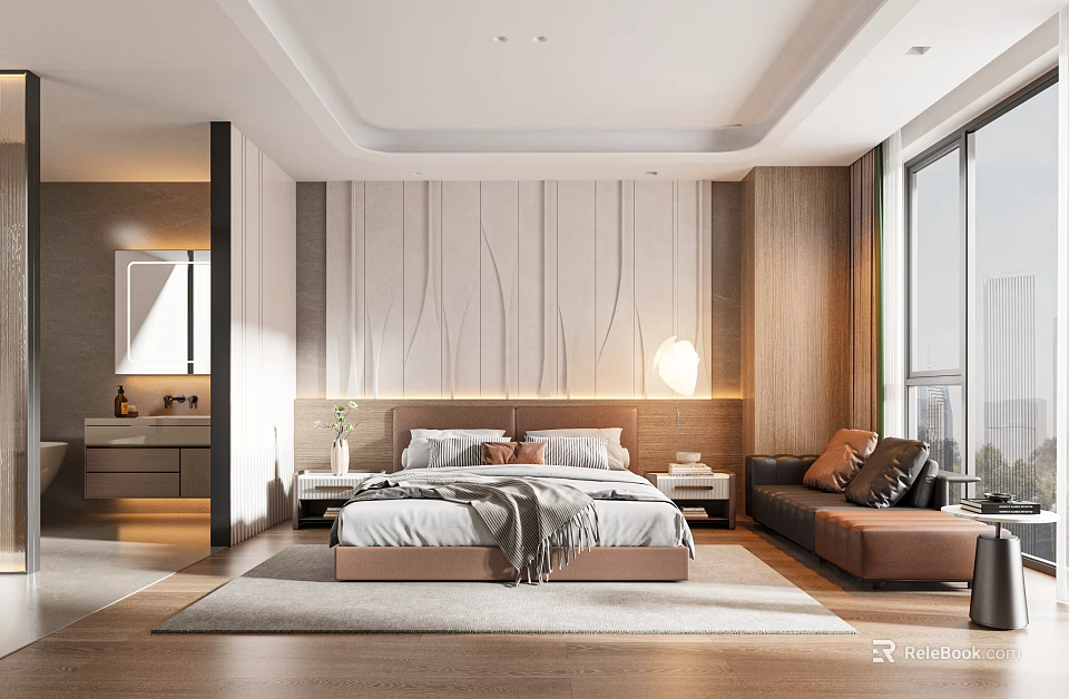 Elegant Modern Hotel Room Interior With Bed Sofa Large Window And Wooden Decor 3d model 