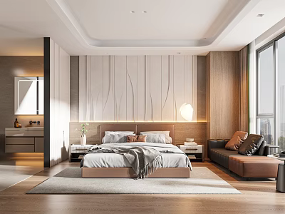 Elegant Modern Hotel Room Interior With Bed Sofa Large Window And Wooden Decor 3d model