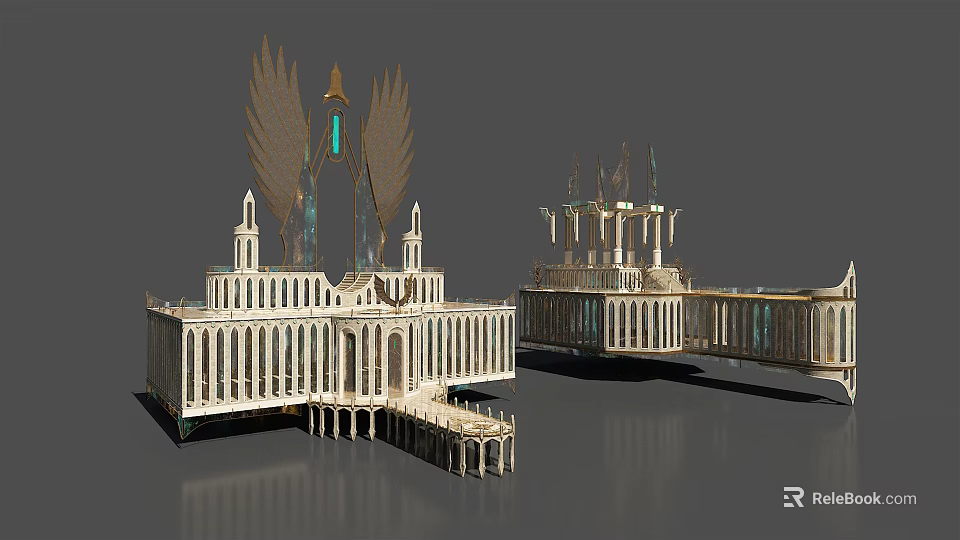 Cartoon Fantasy Scene With White Winged Towers And Connected Platform Structures 3d model 