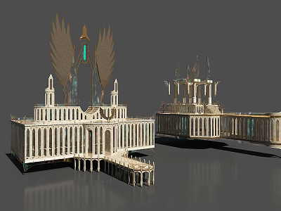 Cartoon Fantasy Scene With White Winged Towers And Connected Platform Structures 3d model