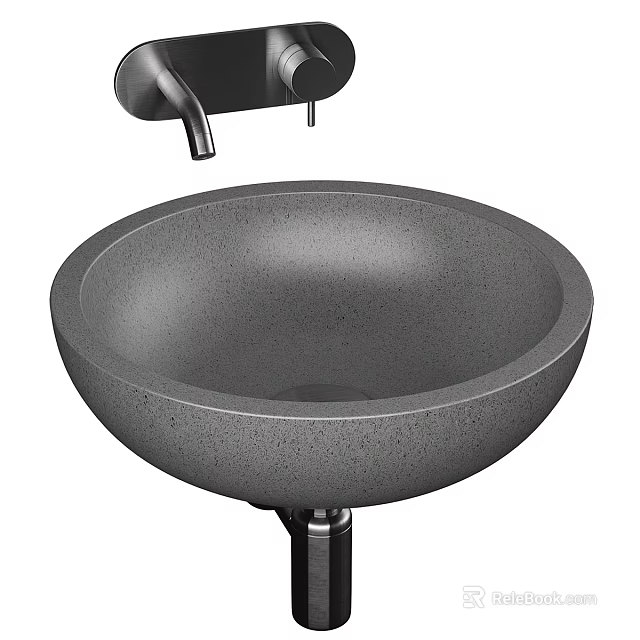 Modern Round Dark Gray Stone Textured Wash Basin with Black Faucet in Bathroom Design 3d model 