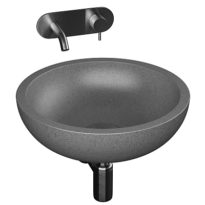 Modern Round Dark Gray Stone Textured Wash Basin with Black Faucet in Bathroom Design 3d model