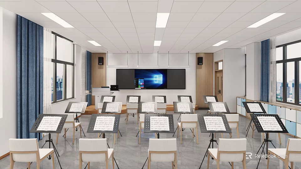 Modern Music Classroom Interior With Music Stands Chairs Large Screen Speakers Windows And Blue Curtains 3d model 