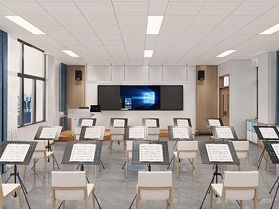 Modern Music Classroom Interior With Music Stands Chairs Large Screen Speakers Windows And Blue Curtains 3d model