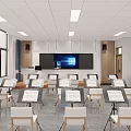 Modern Music Classroom Interior With Music Stands Chairs Large Screen Speakers Windows And Blue Curtains