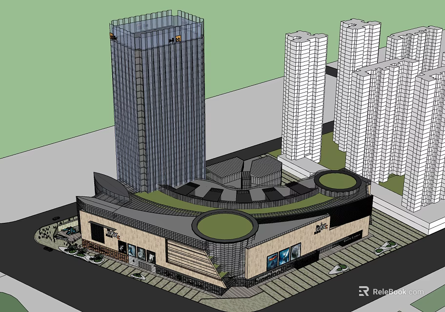 Modern Commercial Complex With Tall Buildings Unique Roof Design And Green Spaces 3d model 