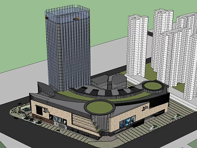 Modern Commercial Complex With Tall Buildings Unique Roof Design And Green Spaces 3d model
