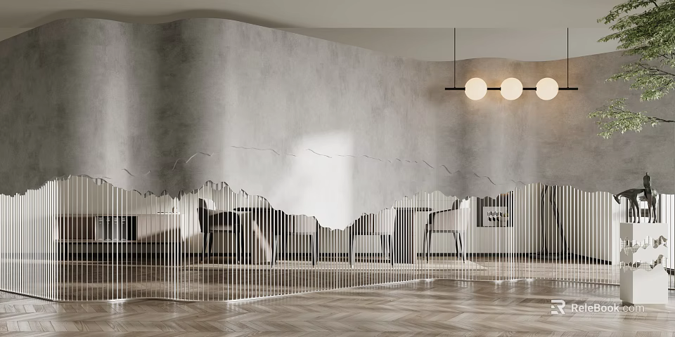 Modern Glass Room Divider With Wavy Design In Interior Space And Wooden Floor 3d model 