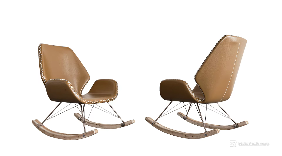 Modern Brown Leather Rocking Chairs With Wooden Rockers And White Stitching 3d model 