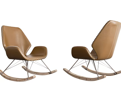 Modern Brown Leather Rocking Chairs With Wooden Rockers And White Stitching 3d model