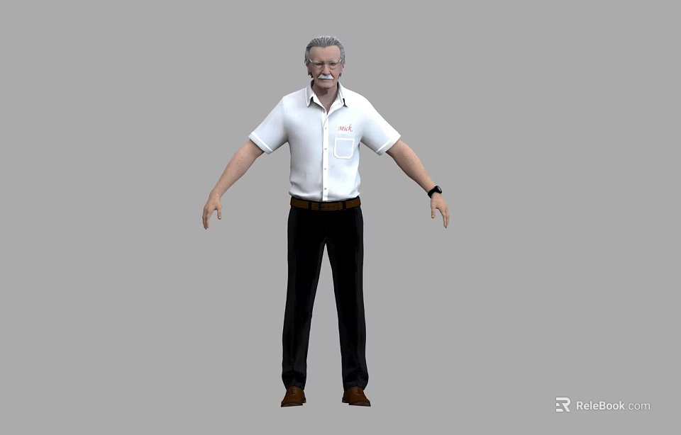 Man Standing In White Short Sleeve Shirt Black Pants Brown Shoes And Watch 3d model 
