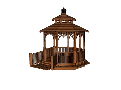 Outdoor Wooden Octagonal Gazebo With Roof Pillars Railing And Steps 3d model