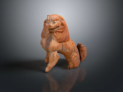 Traditional Standing Wooden Lion Sculpture With Intricate Carving Details And Textured Surface 3d model