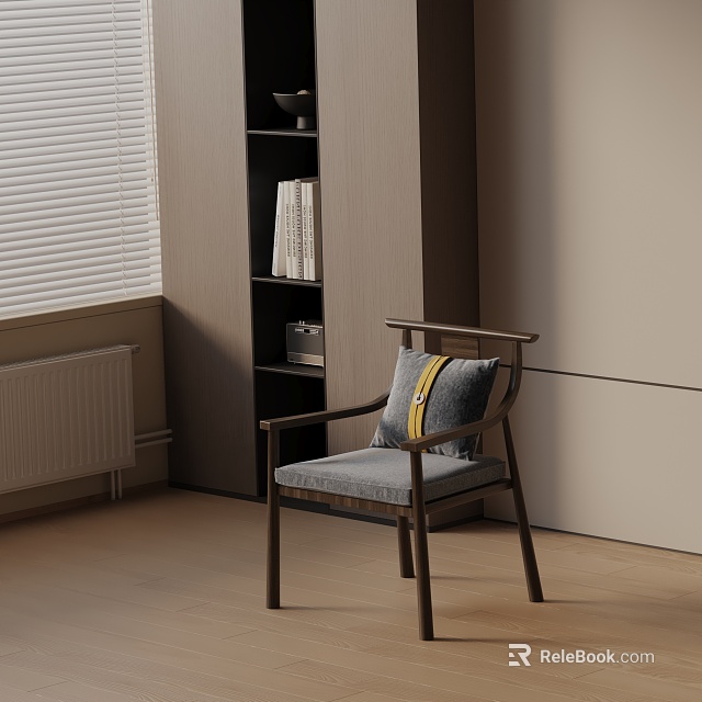 Accent Chair With Gray Cushion Yellow Striped Pillow And Wooden Frame By Bookshelf Window 3d model 