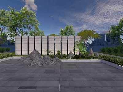 Gray Vertical Striped Feature Wall in Garden with Green Trees Rocks and Stone Pavement 3d model