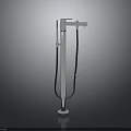 Silver Metal Freestanding Shower Head With Chain Decoration And Stable Base Against Dark Background