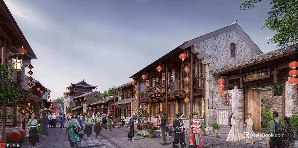 Ancient Commercial Street with Traditional Architecture Red Lanterns and Crowded Pedestrians Shops and Antique Ambiance 3d model 