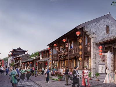 Ancient Commercial Street with Traditional Architecture Red Lanterns and Crowded Pedestrians Shops and Antique Ambiance 3d model