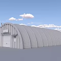 Industrial Warehouse Arched Metal Construction Exterior With White Door And Windows Under Blue Sky And Clouds