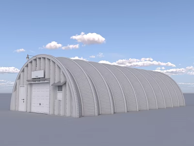 Industrial Warehouse Arched Metal Construction Exterior With White Door And Windows Under Blue Sky And Clouds 3d model