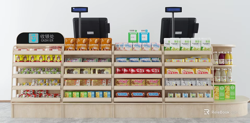 Reception Desk in Retail Store with Cash Registers and Product Shelves 3d model 