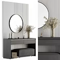 Modern Dressing Table Interior Design With Round Mirror Decorative Dried Plants And Striped Wall 3d model