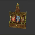 Traditional Brown Wooden Shrine With Pointed Roof Arched Front Windows And Colorful Golden Interior Decorations